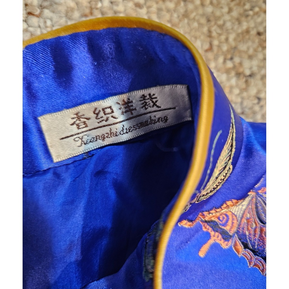 Blue Satin Butterfly Embroidered Cheongsam Qipao Maxi Dress Mandarin Collar - Picture 10 of 16